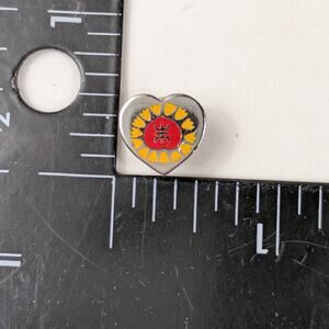 Vtg Heart Lapel Pin Sunflower Design Red Yellow Chinese Character Symbol Badge